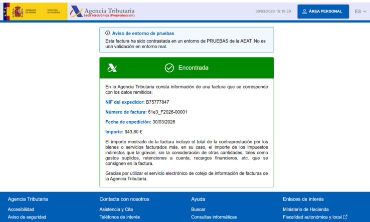 Sede electrónica de la Agencia Tributaria confirmando que la factura emitida con Verifacturamos está registrada en VERIFACTU
