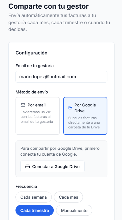 Configuración de envío automático de facturas al gestor por Google Drive en Verifacturamos