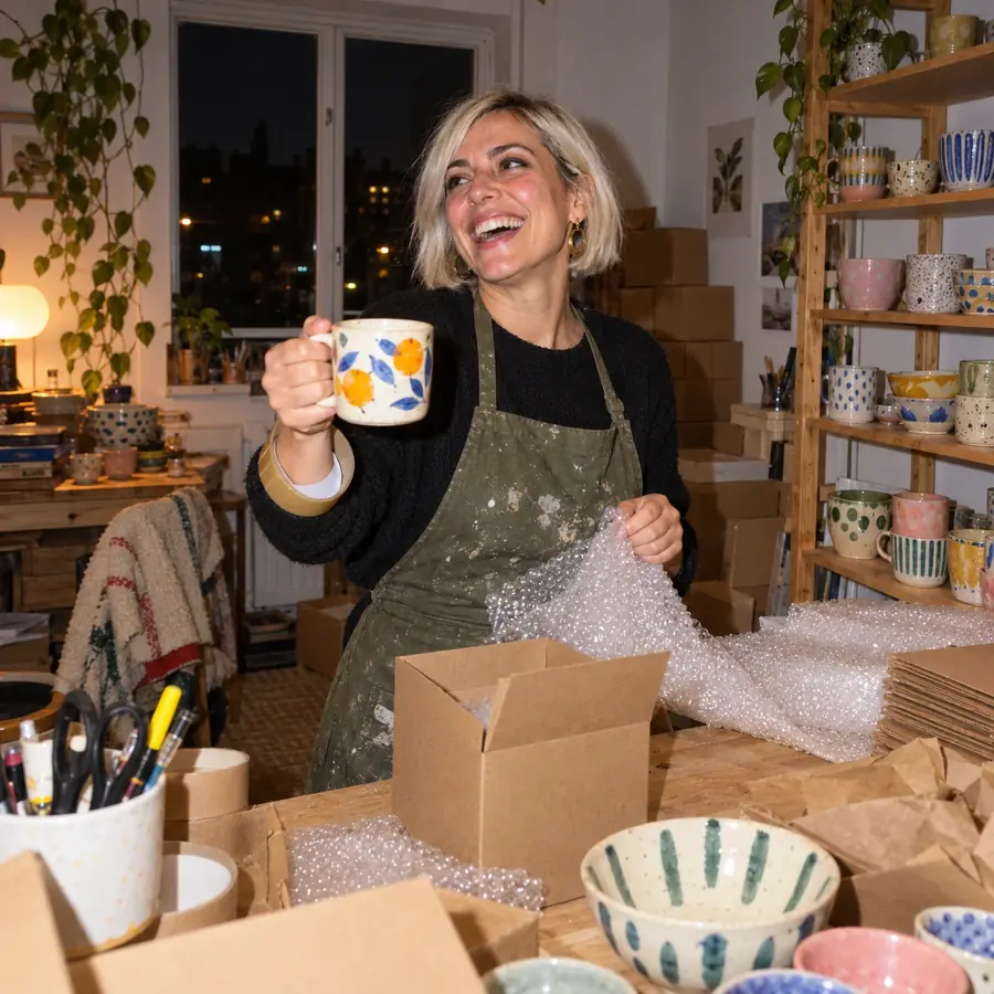 Dueña de una tienda online de cerámica preparando pedidos en su taller