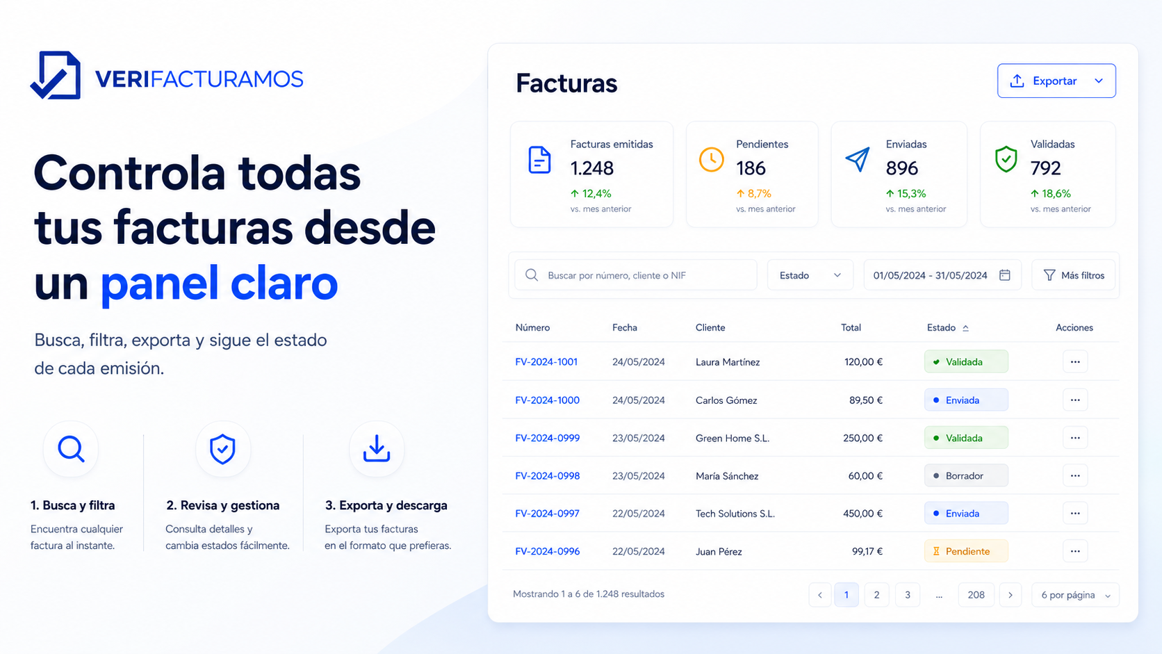 Panel de Verifacturamos con buscador, filtros, estados y exportación de facturas